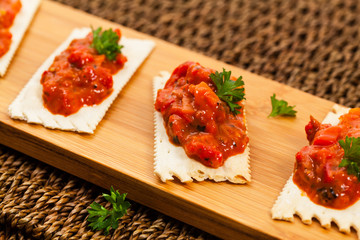 Roasted Pepper and Eggplants Appetizer Salad Spread. Selective focus.