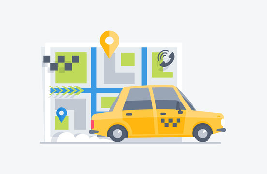 Car taxi on the map background. Flat modern vector illustration.