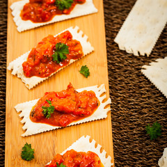 Roasted Pepper and Eggplants Appetizer Salad Spread. Selective focus.