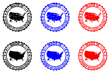 Made in USA - rubber stamp - vector, United States of America map pattern - black, blue and red