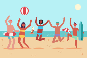 Summer beach party with dancing and jumping young people in swimming suits with inflatable ring, ball and surfboard. Vector cartoon flat illustration of a vacation on sea of men and women.