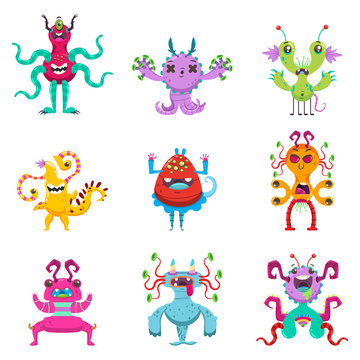 Cute cartoon monsters set. Vector flat character of funny creatures isolated on white background.