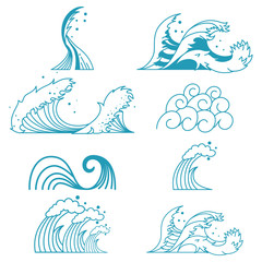 Ocean storm waves vector set of line flat icons isolated on white background.