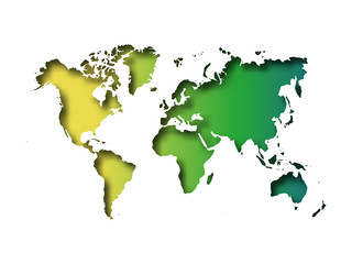 Map of World cut into paper with inner shadow isolated on green gradient background. Vector illustration with 3D effect.