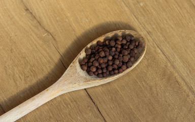 dried allspice berries on wooden spoon kitchen, on wooden background