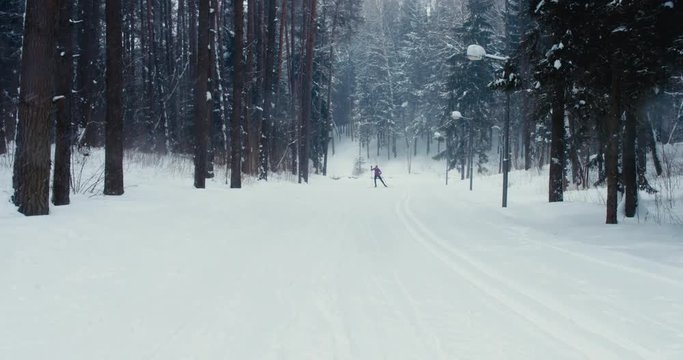 WIDE TRACKING Front view of young adult Caucasian female athlete practicing cross-country skiing on a scenic forest trail. 4K UHD 60 FPS SLO MO