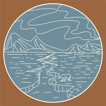 Arctic mountain pattern, ice, bear and Northern Lights