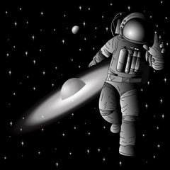 astronaut in space on black background planets stars. 10eps
