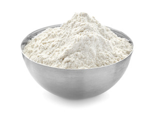 Bowl with wheat flour on white background