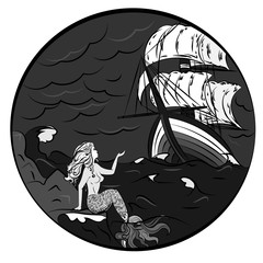 A mermaid on the shore and a ship in a storm
