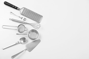 Set of kitchen utensils on white background. Cooking master classes