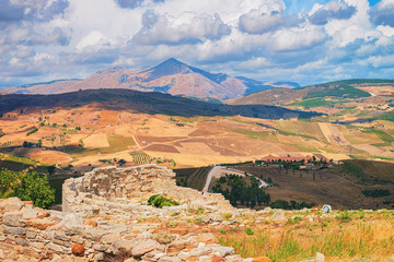 Ancient ruins at Greek Theatre and scenery of Segesta Sicily