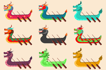 Dragon boat racing set for the Chinese festival. Vector cartoon icons isolated on background.