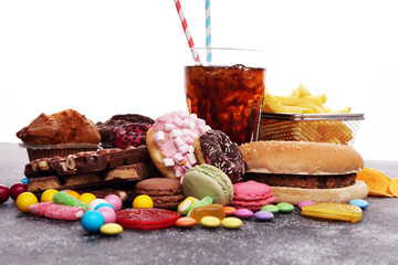 Unhealthy products. food bad for figure, skin, heart and teeth.