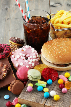 Unhealthy products. food bad for figure, skin, heart and teeth.
