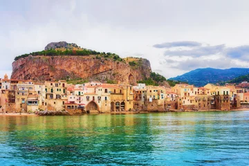 Cityscape of Cefalu old town and Mediterranean Sea Sicily