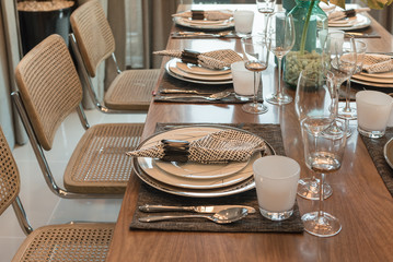 luxury table set on wooden dining table