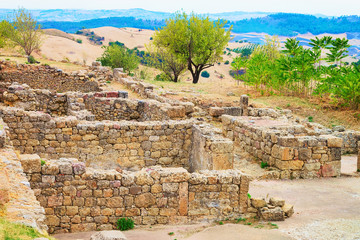 Old walls of buildings in Morgantina old town archaeological site