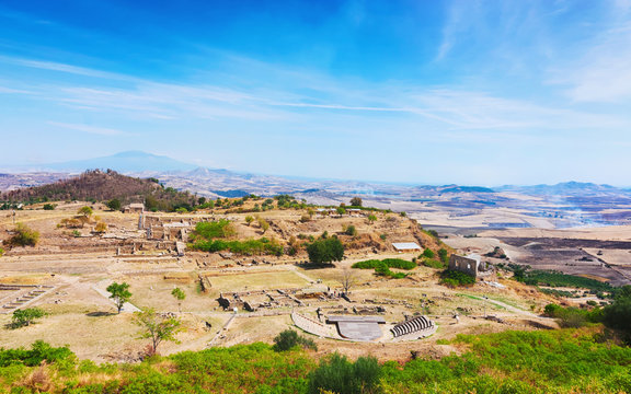 Greek theater and other ruins of Morgantina archaeological site Sicily