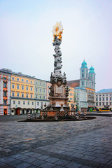 Street view Trinity Column in Hauptplatz in Linz in Austria