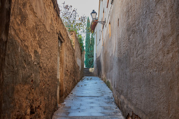 Nice alley at sunrise with lamppost and green trees in the background in Toledo