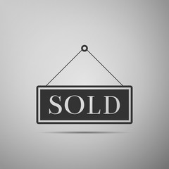 Sold sign isolated on grey background. Sold sticker. Sold signboard. Flat design. Vector Illustration