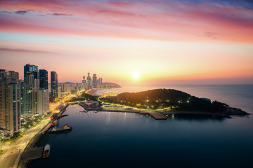 Fototapeta premium Busan beach with sunrise sky on summer, Busan city, South Korea