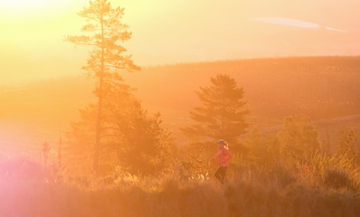 Naklejka na ściany i meble female trail runner in the mountains with beautiful light