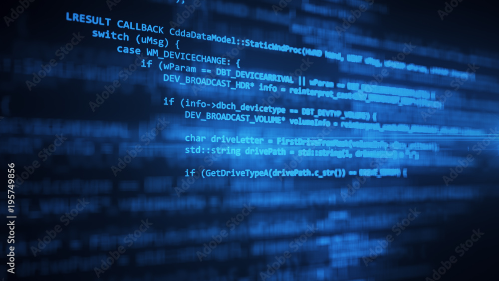 Poster the programming code works through the computer screen terminal 3d illustration
