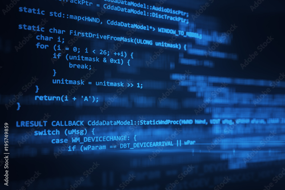 Poster the programming code works through the computer screen terminal 3d illustration