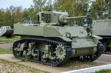 Fototapeta na wymiar Moscow region, Russia - August 2012: Old military american light tank M5A1 Stuart.