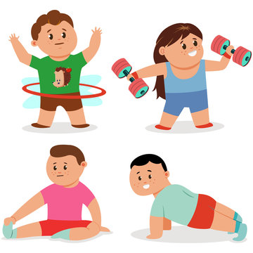 Kids doing fitness exercises. Cute cartoon girl and boy vector character set isolated on a white background. Healthy lifestyle and sport illustration.