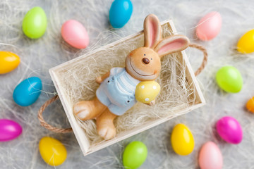 Fototapeta na wymiar Easter holiday basket with a bunny and eggs