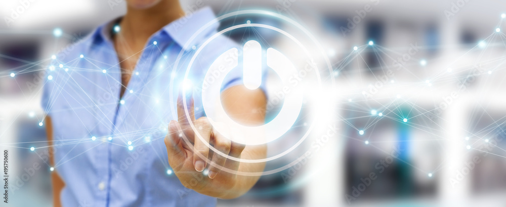 Poster businessman using 3d render power button with connections