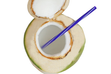 Coconut juice with  blue straw isolated on white background top view
