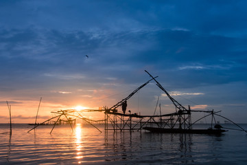 Fisherman using huge fishing equipment called 'Yor' in Phatthalung, southern Thailand