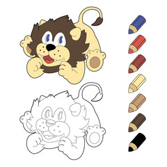 Happy cartoon lion. Vector coloring book illustration.