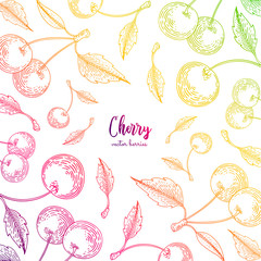 Colorful vector frame with cherry. Healthy food design template with berries. Vegetarian food for label, packaging design, menu, cafe, restaurant, recipes, decoration kitchen items.