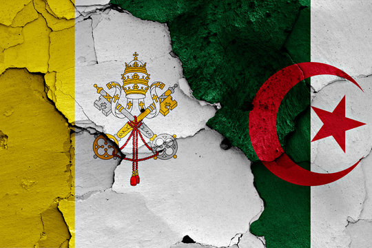 flag of Vatican and Algeria painted on cracked wall