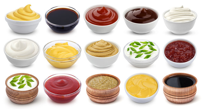 Different sauces isolated on white background