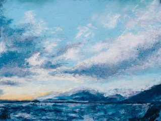 Pastel drawing of seascape with mountains