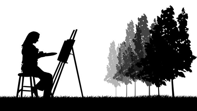 artiste peintre en foret fond blanc
