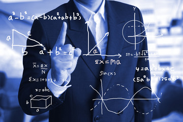 Math formulas with background professor in class room.