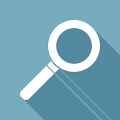 magnifying glass icon. White flat icon with long shadow on background