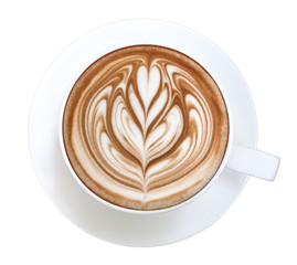 Top view of hot coffee cappuccino latte art isolated on white background, clipping path included