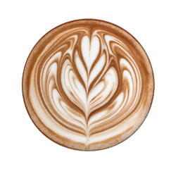 Top view of hot coffee cappuccino latte art isolated on white background, clipping path included