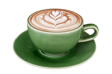 Hot coffee cappuccino latte art in jade color cup isolated on white background, clipping path included