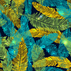 Hand drawn seamless pattern of feathers. Color of brazil flag.