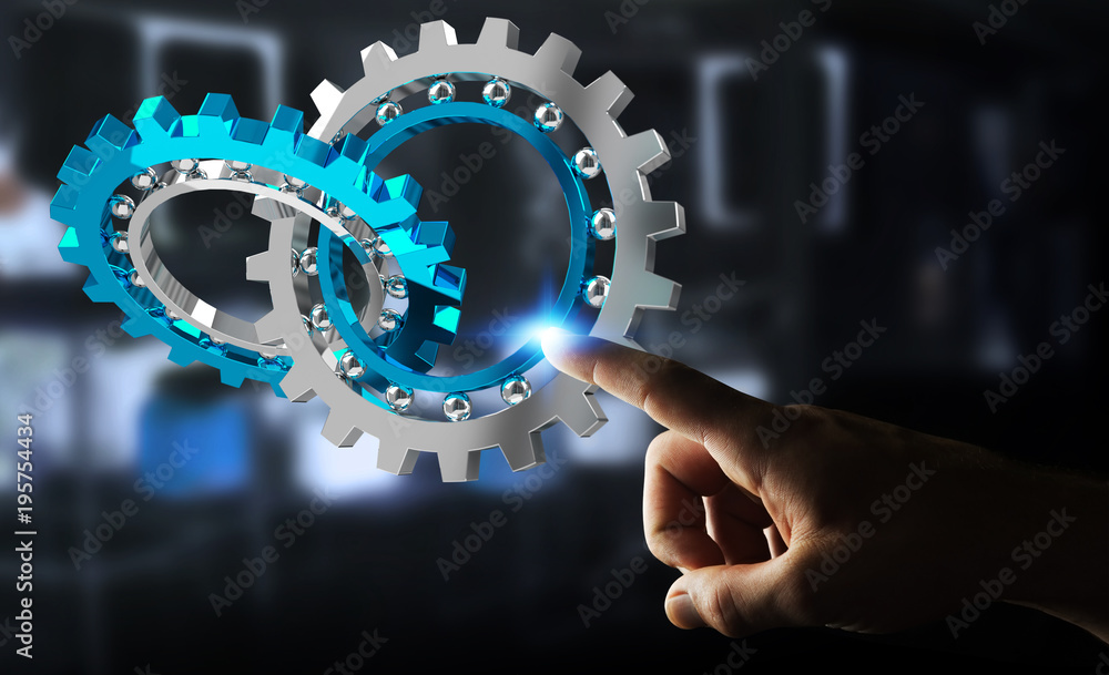 Poster businessman using floating modern gear mechanism 3d rendering