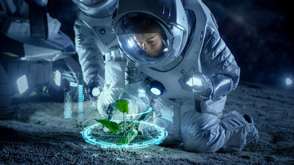 Two Astronauts Analyzing Plant Life Found on Alien Planet. Infographics Show Animated Data about...